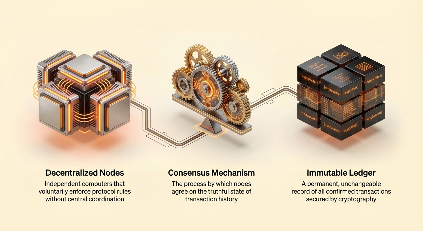 Infographic highlighting Bitcoin network's core pillars: decentralized nodes enforcing rules independently, consensus mechanism agreeing on transaction history, and immutable cryptographic ledger of confirmed transactions.