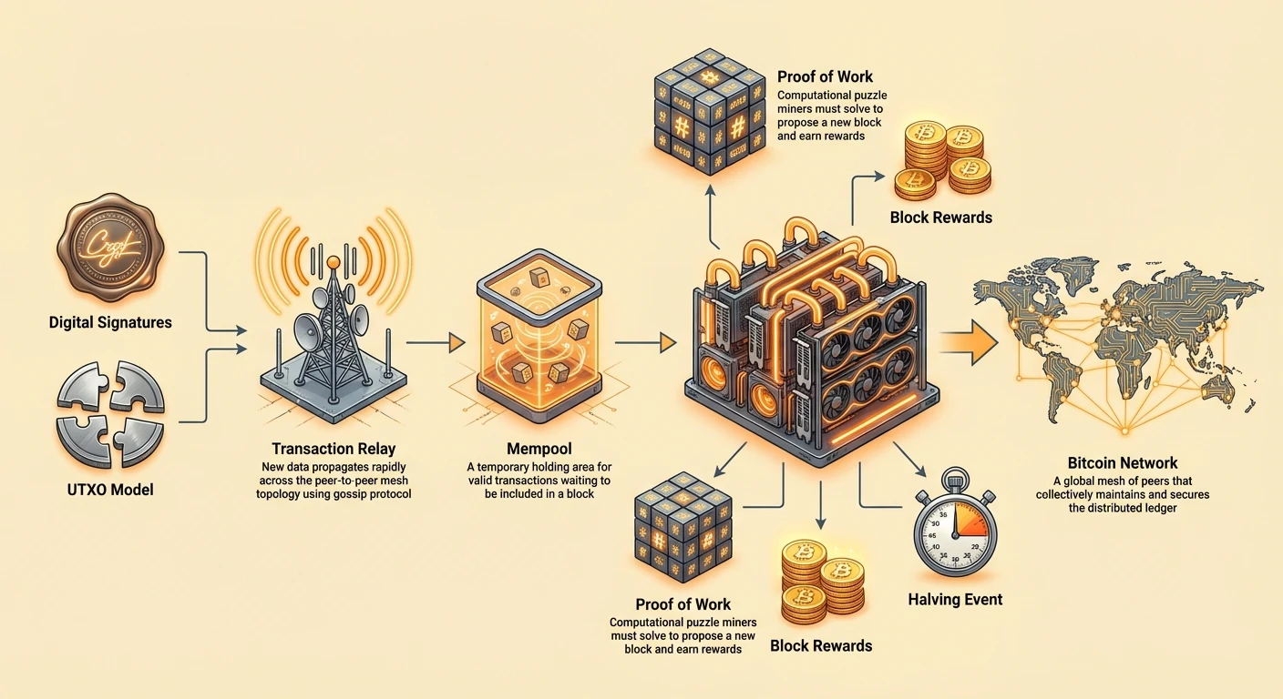 Detailed infographic of Bitcoin network architecture showing process flow: Bitcoin network, mining process, transaction relay, mempool, proof of work, UTXO model, digital signatures, block rewards, and halving.