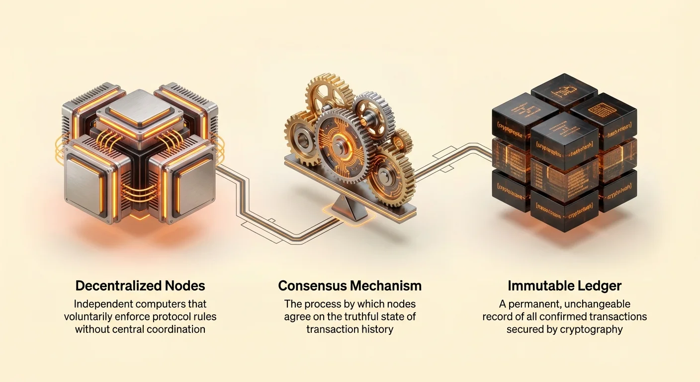 Infographic highlighting Bitcoin network's core pillars: decentralized nodes enforcing rules independently, consensus mechanism agreeing on transaction history, and immutable cryptographic ledger of confirmed transactions.