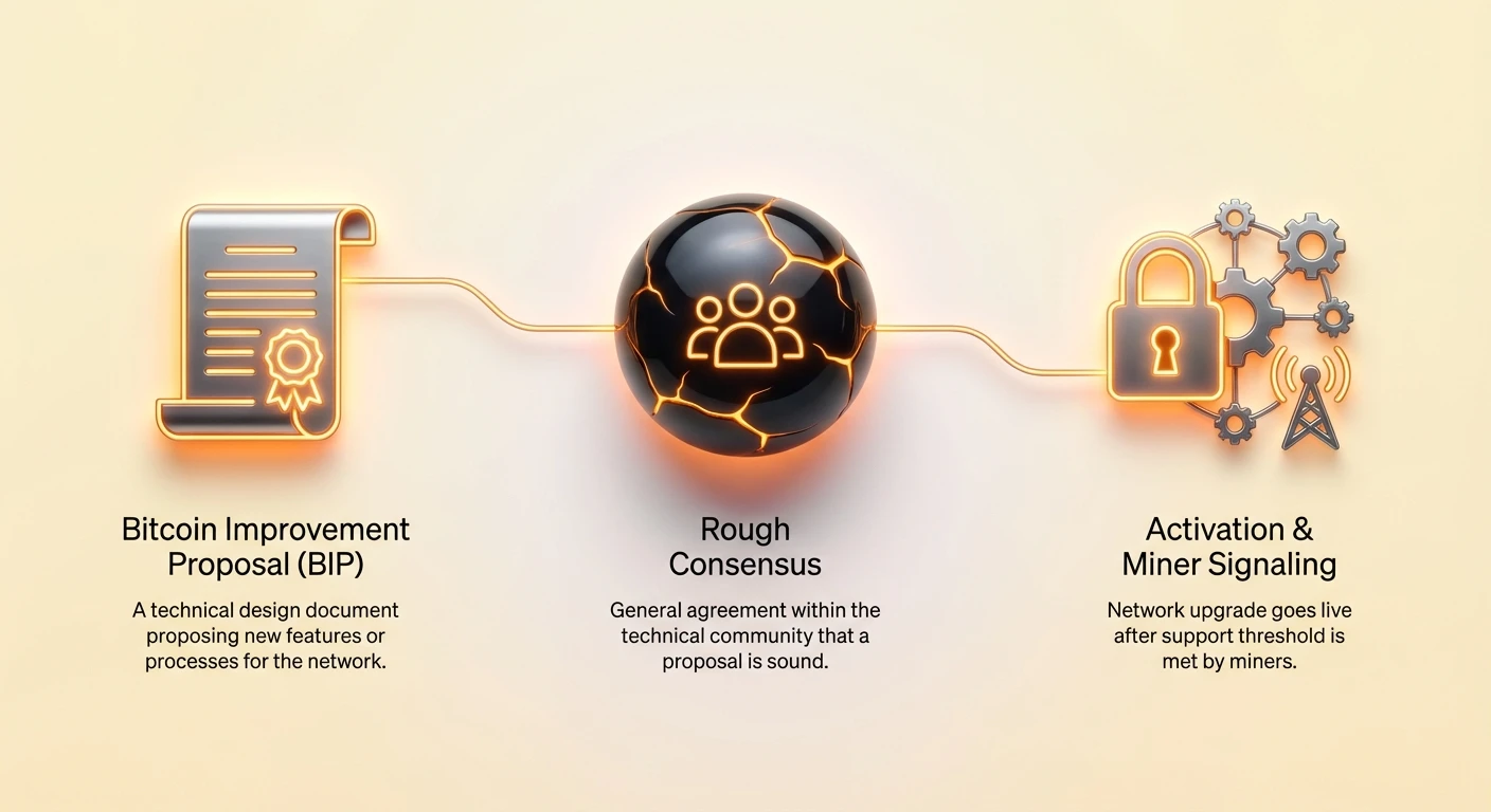 High-level linear flowchart illustrating Bitcoin Improvement Proposal (BIP) journey from document to active network change with three key nodes.