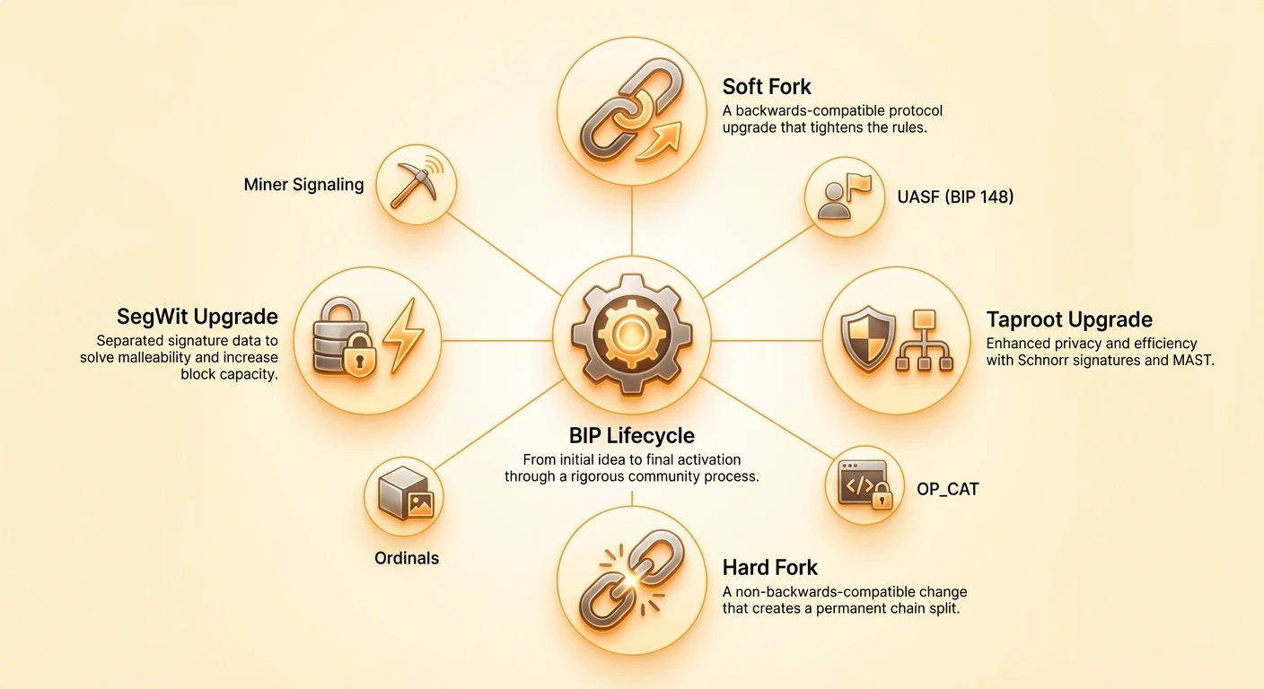 Detailed hub-and-spoke infographic of Bitcoin Improvement Proposal lifecycle, with central hub and radiating elements for forks, upgrades, and key concepts.