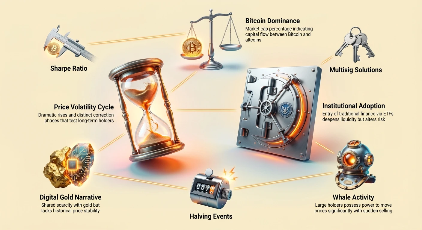 Clustered infographic detailing Bitcoin risk factors: market mechanics like volatility and dominance, institutional adoption and whales, technical risks like multisig, sized by importance.