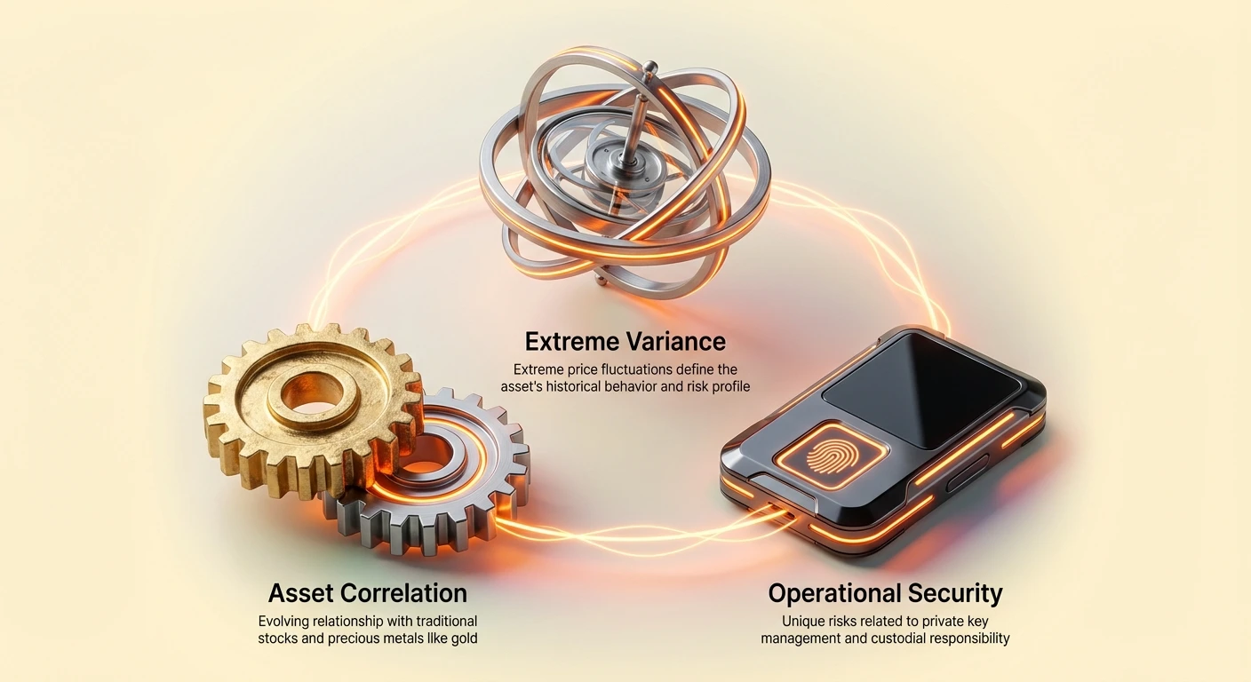 Infographic overview of Bitcoin's three risk pillars: extreme price variance, asset correlation with stocks and gold, and operational security for private keys, shown as interconnected photorealistic objects.