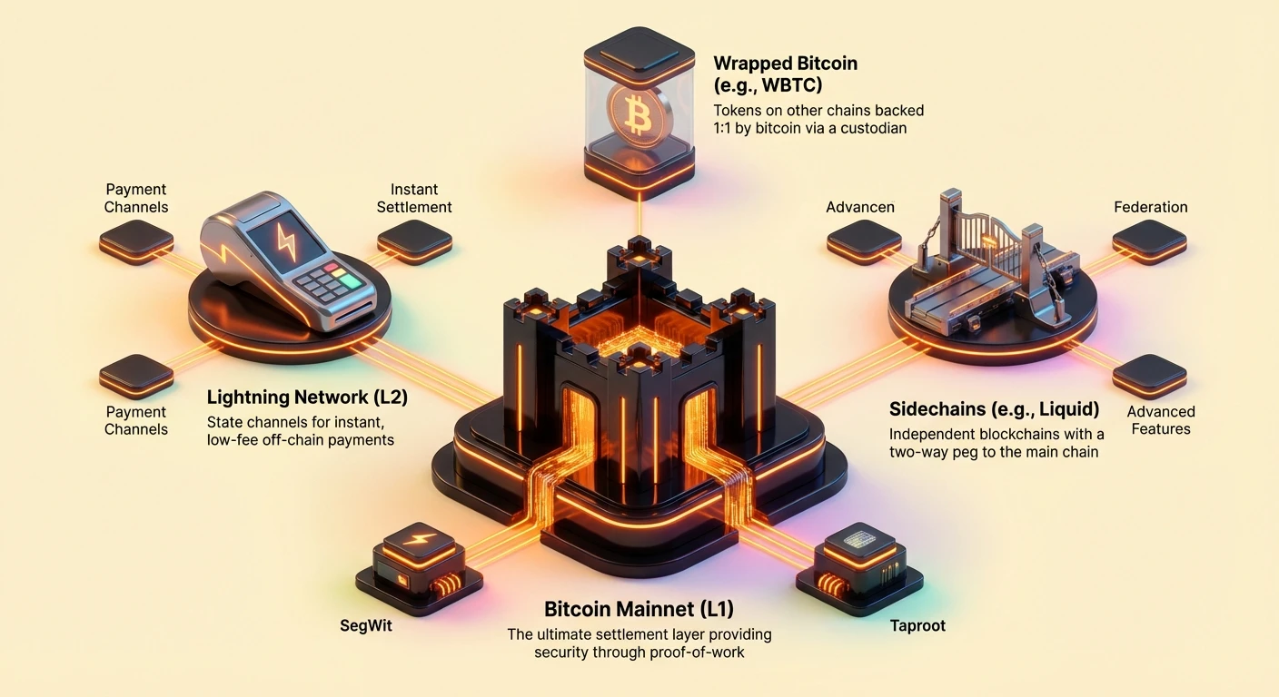 Detailed infographic with Bitcoin Mainnet at center, connected via hub-and-spoke to scaling solutions including Lightning Network, sidechains, Wrapped Bitcoin, SegWit, Taproot and more.