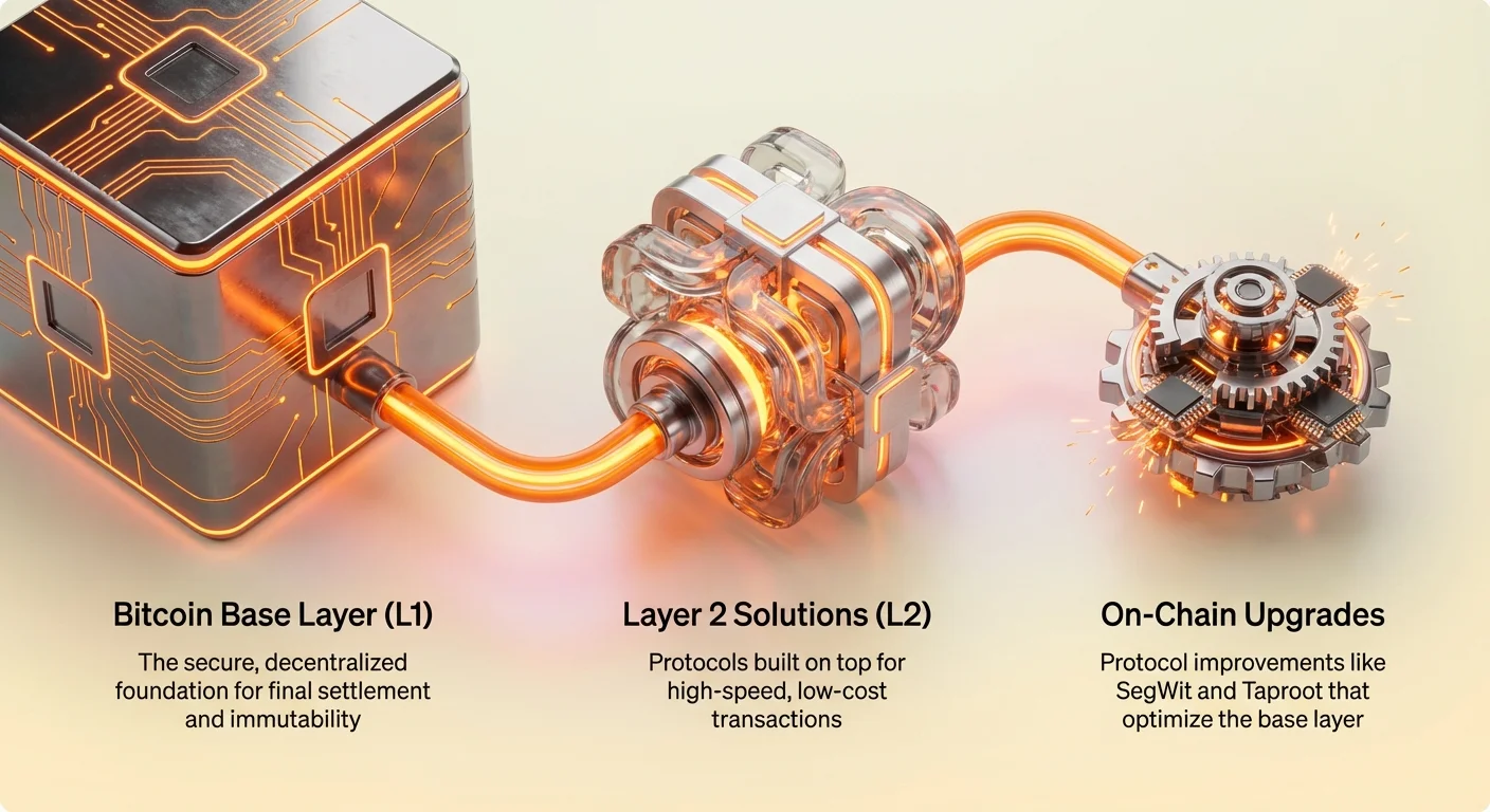 Minimalist infographic with three connected photorealistic nodes depicting Bitcoin Base Layer (L1), Layer 2 Solutions (L2), and On-Chain Upgrades, each with unique descriptive labels.