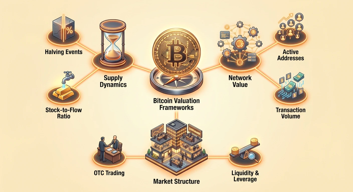 Hub-and-spoke infographic detailing Bitcoin valuation categories: supply dynamics with halving events, network utility via active addresses, and investor cost basis behaviors.