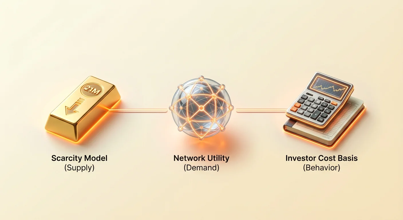 High-level overview infographic of Bitcoin's three key valuation factors: Scarcity (Supply), Network Utility (Demand), and Investor Cost Basis (Behavior).