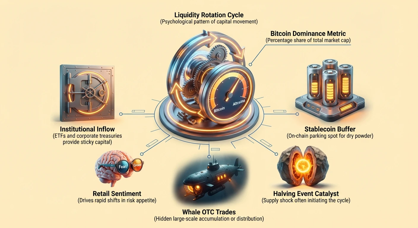 Infographic depicting central liquidity rotation cycle and Bitcoin dominance metric, surrounded by influencers including institutional inflows, stablecoin buffers, retail sentiment, whale OTC trades, and halving events.