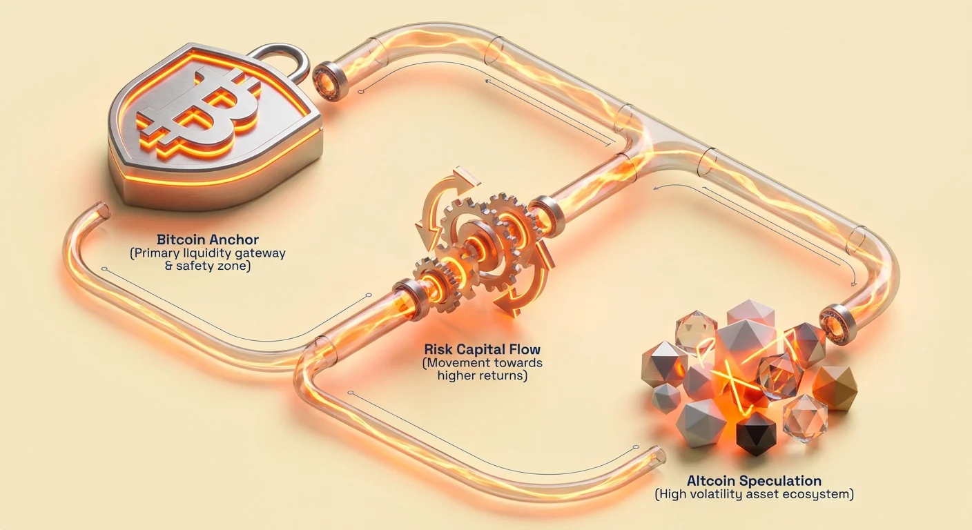 Infographic with three connected nodes depicting crypto liquidity rotation: Bitcoin Anchor as safety gateway, Risk Capital Flow toward higher returns, and Altcoin Speculation as high-volatility ecosystem.