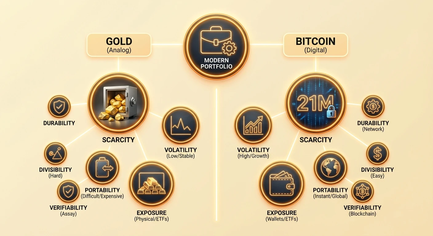 Detailed infographic comparing gold as analog standard and bitcoin as digital challenger, highlighting key properties for modern portfolio allocation.