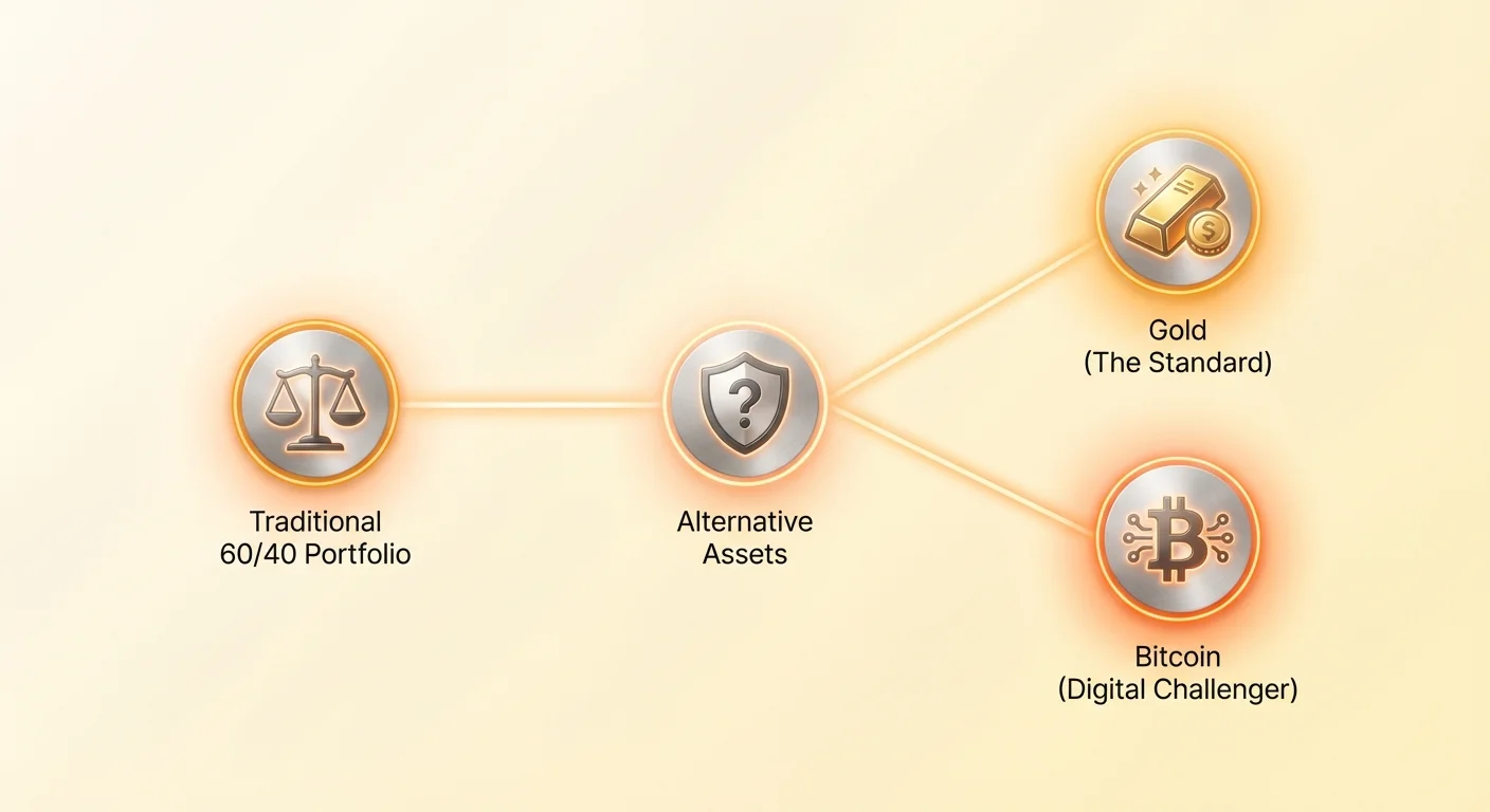 Infographic summarizing the shift from traditional 60/40 portfolio to modern allocation including alternative assets gold and bitcoin.