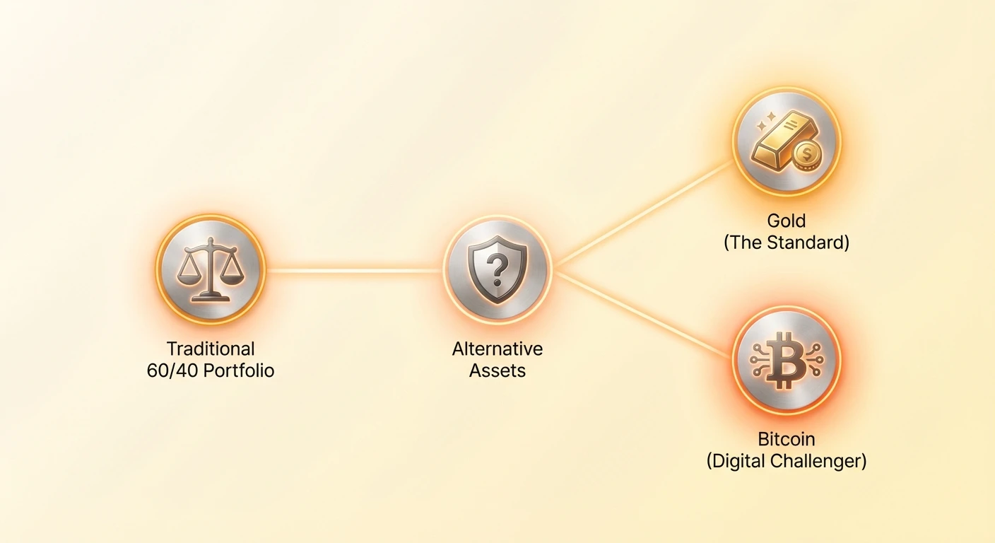 Infographic summarizing the shift from traditional 60/40 portfolio to modern allocation including alternative assets gold and bitcoin.