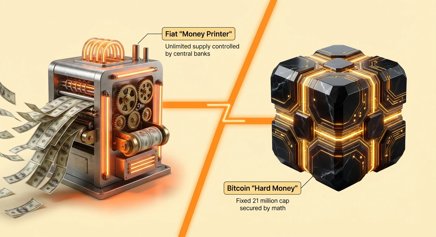 Infographic overview contrasting centralized fiat 'Money Printer' with unlimited supply to decentralized Bitcoin 'Hard Money' with fixed 21 million cap, as two photorealistic objects divided by a line.