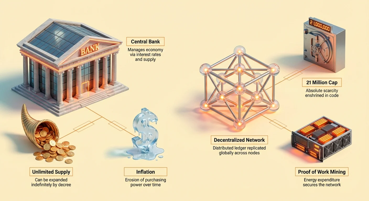 Infographic comparing fiat system with central bank, unlimited supply, and inflation via melting dollar sign to Bitcoin's decentralized network, 21 million cap, and proof-of-work mining.