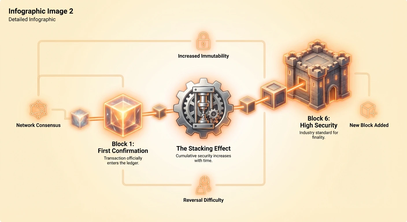 Detailed infographic showing stacking effect of security in blockchain, with Block 1 first confirmation, Block 6 high security standard, increased immutability, reversal difficulty, and network consensus.