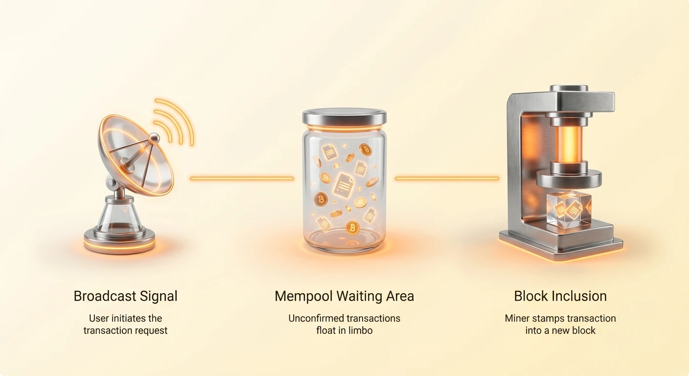 Infographic overview of a blockchain transaction's path: user broadcast signal, waiting in mempool area, and miner inclusion into a new block for first confirmation.