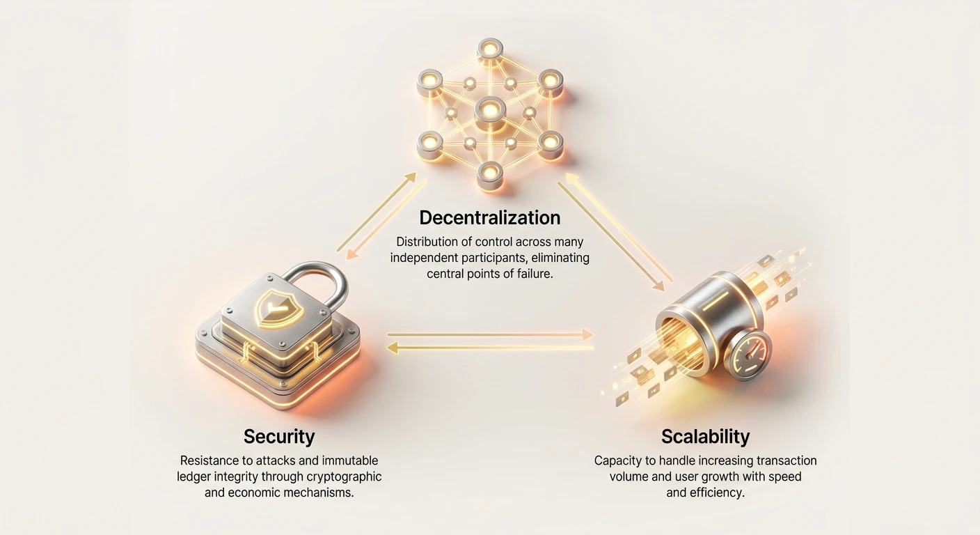 Simple infographic illustrating the three pillars of the blockchain decentralization trilemma: decentralization, security, and scalability.