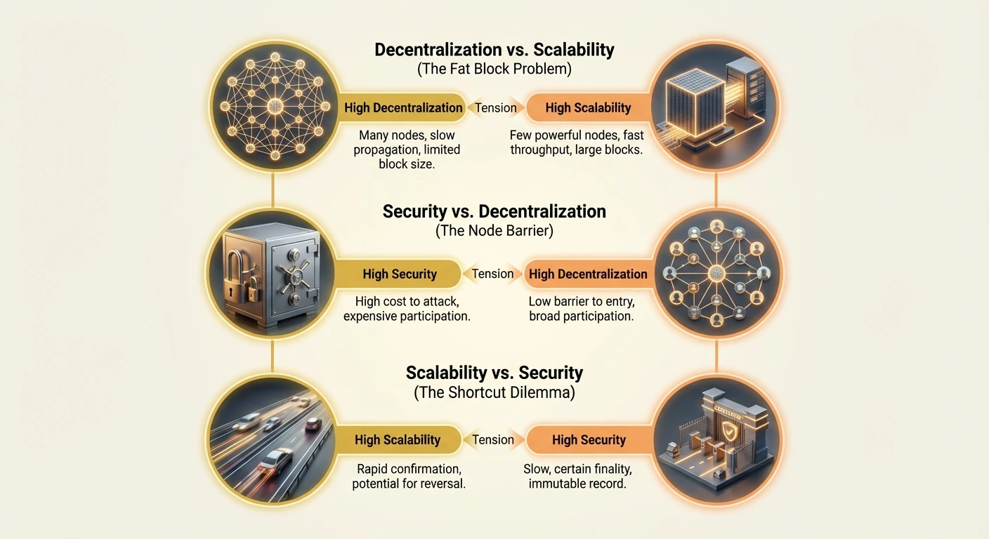 Detailed infographic illustrating trade-offs between decentralization, security, and scalability in blockchain, showing how prioritizing one pillar compromises the others.