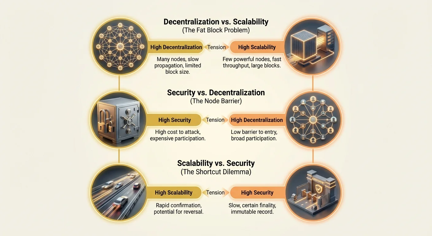Detailed infographic illustrating trade-offs between decentralization, security, and scalability in blockchain, showing how prioritizing one pillar compromises the others.