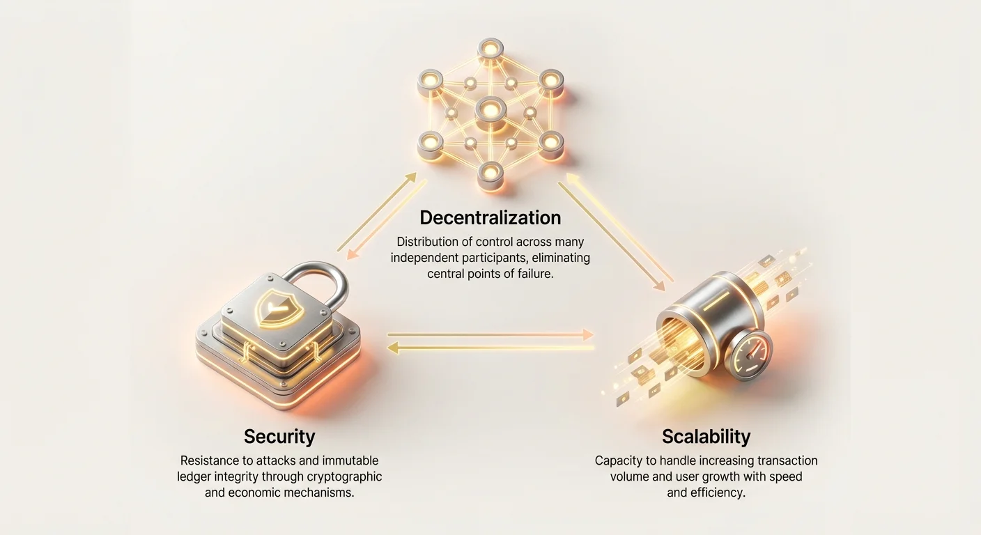Simple infographic illustrating the three pillars of the blockchain decentralization trilemma: decentralization, security, and scalability.