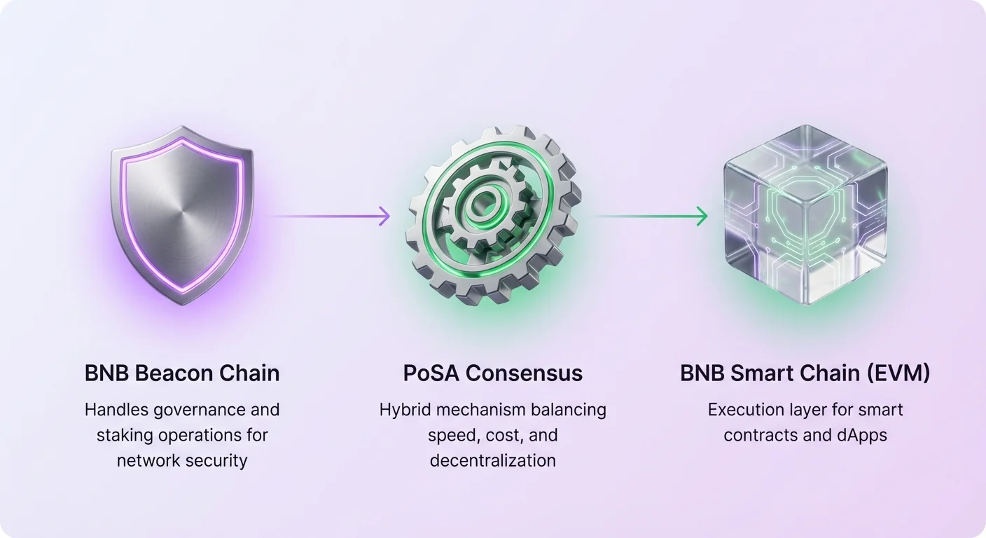 High-level linear diagram of BNB Chain ecosystem core components, illustrating flow from governance to execution.