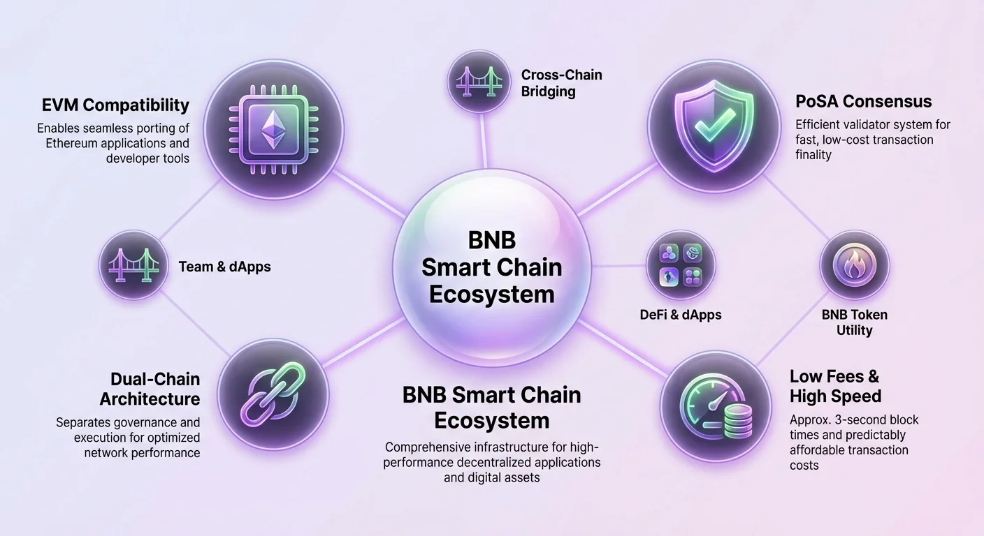 Hub-and-spoke infographic detailing key features and functionalities of the central BNB Smart Chain ecosystem.