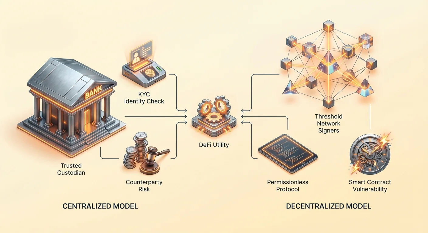 Infographic comparing centralized Bitcoin bridging with trusted custodians, KYC checks, and counterparty risks against decentralized threshold signers, permissionless protocols, and smart contract vulnerabilities, both enabling DeFi utility.