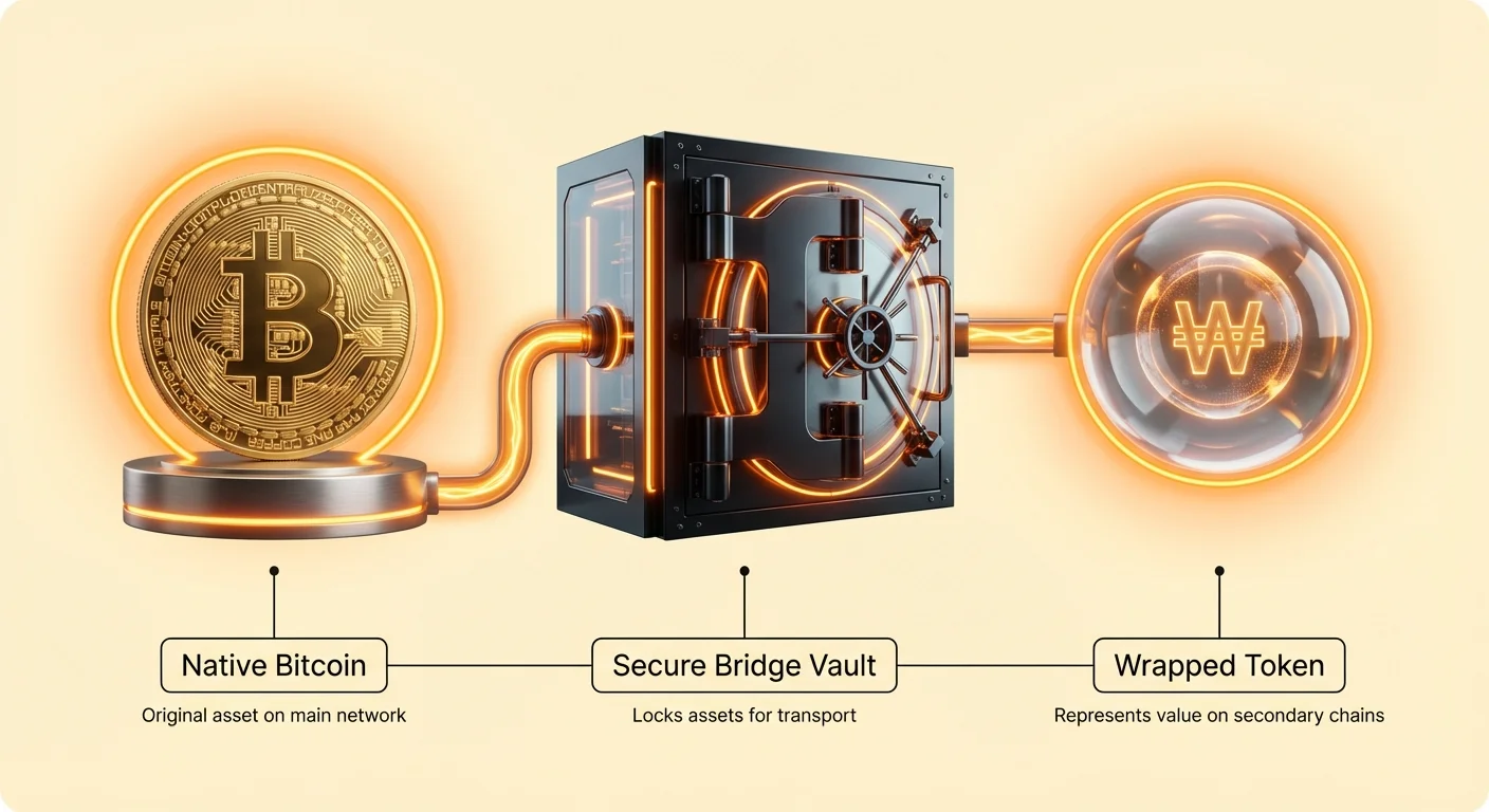 Simple diagram showing native Bitcoin flowing into a secure bridge vault, transforming into wrapped tokens for use on other blockchains.
