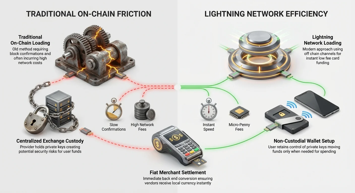 Infographic contrasting traditional on-chain Bitcoin loading with high fees, slow confirmations, and custodial risks against Lightning Network's instant speed, micro-fees, non-custodial wallets, and fiat merchant settlement.