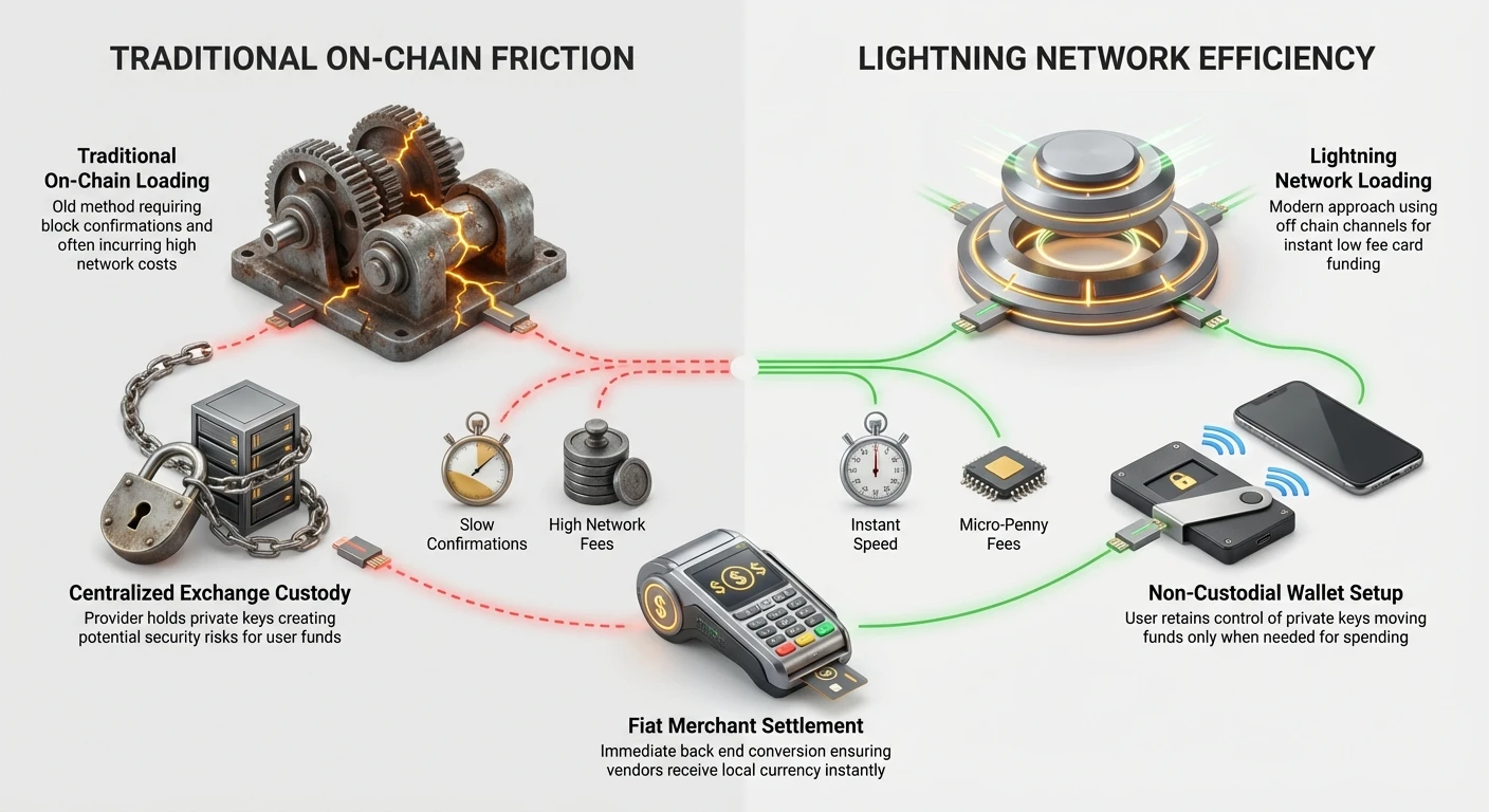 Infographic contrasting traditional on-chain Bitcoin loading with high fees, slow confirmations, and custodial risks against Lightning Network's instant speed, micro-fees, non-custodial wallets, and fiat merchant settlement.
