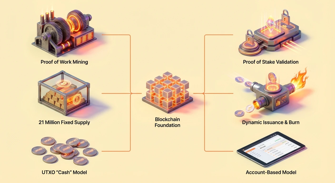 Detailed hub-and-spoke infographic comparing Bitcoin and Ethereum mechanisms, branching from shared blockchain foundation to consensus, economic policy, and transaction models.