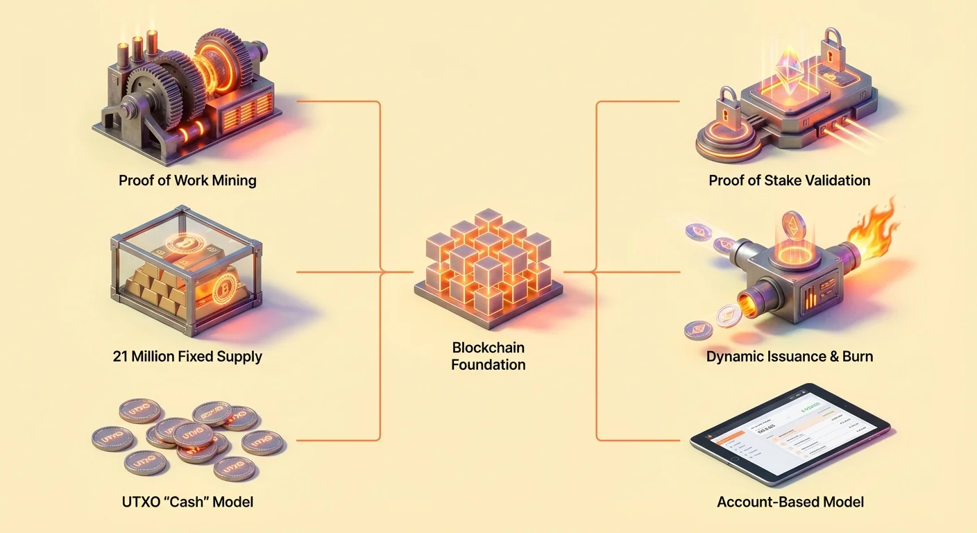 Detailed hub-and-spoke infographic comparing Bitcoin and Ethereum mechanisms, branching from shared blockchain foundation to consensus, economic policy, and transaction models.