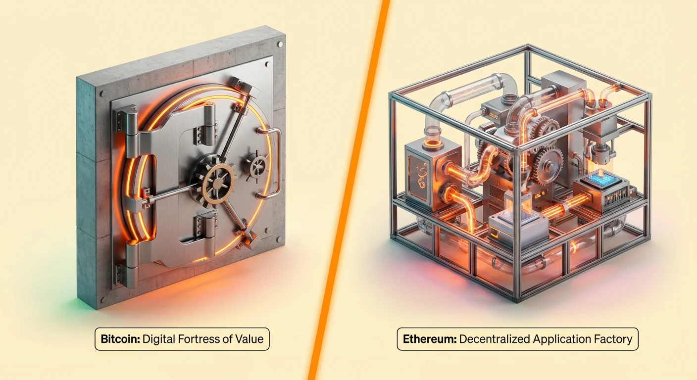 High-level infographic contrasting Bitcoin as a secure Digital Fortress of Value with Ethereum as a versatile Decentralized Application Factory, summarizing their core differences.