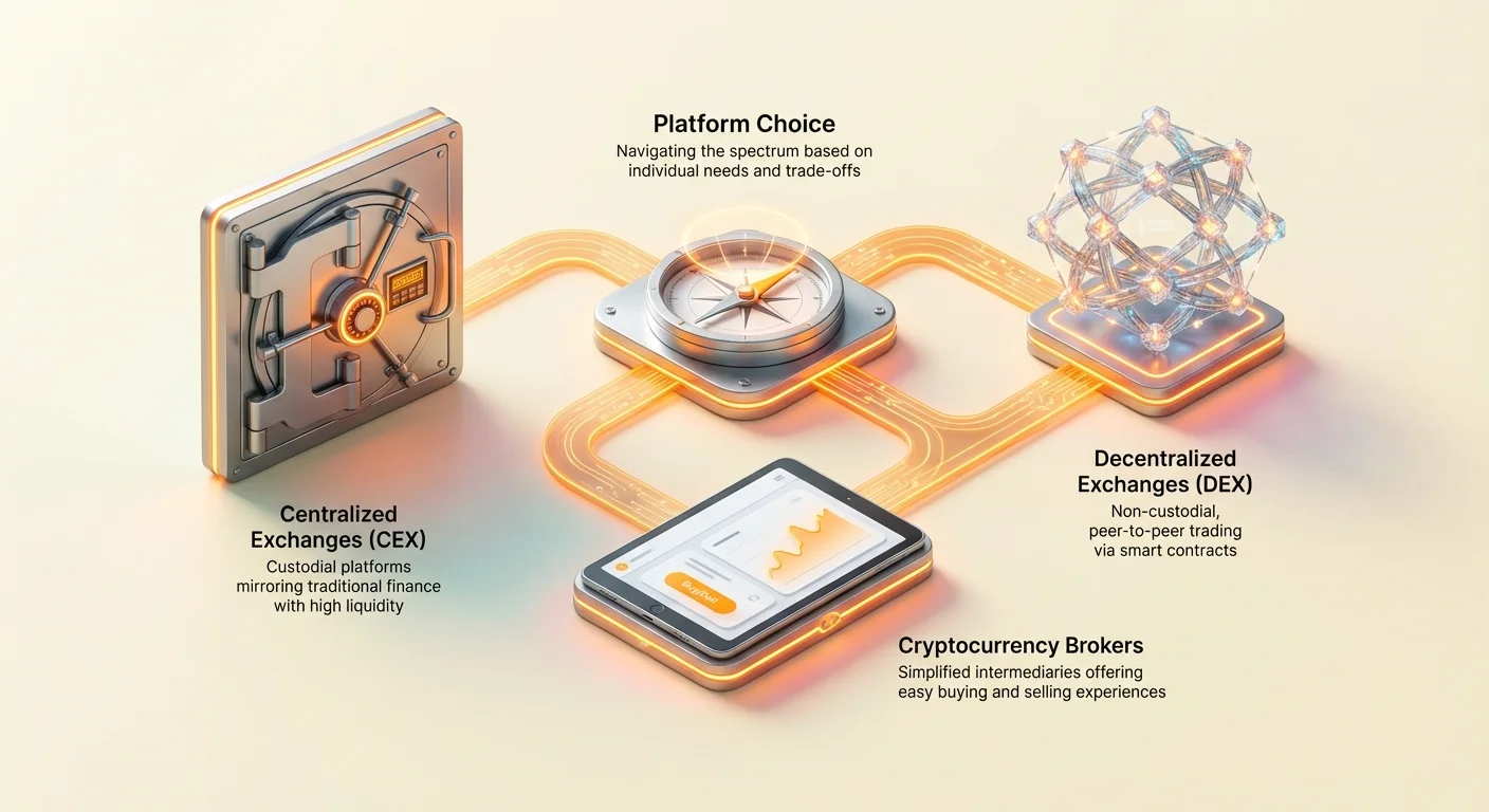 Clean high-level overview of three main cryptocurrency platform types—centralized exchanges, decentralized exchanges, and brokers—connected by theme of choosing based on individual needs.