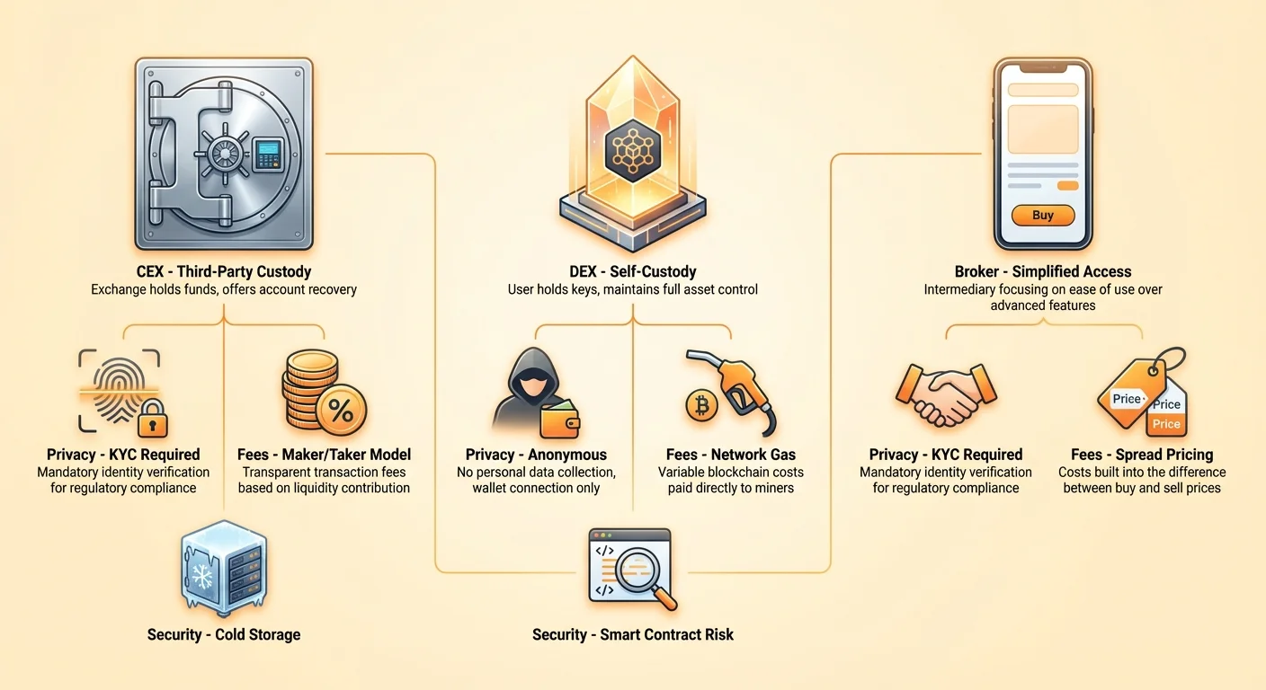 Infographic comparing centralized exchanges, decentralized exchanges, and brokers, highlighting differences in custody, privacy, fees, and security.