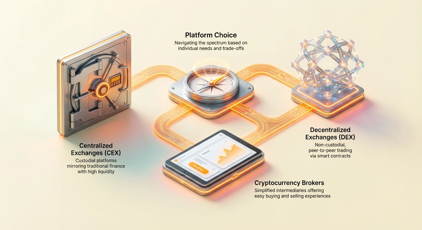 Clean high-level overview of three main cryptocurrency platform types—centralized exchanges, decentralized exchanges, and brokers—connected by theme of choosing based on individual needs.