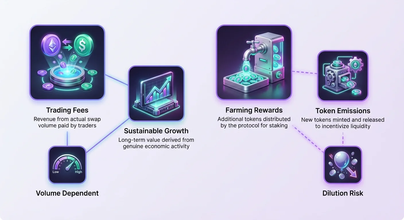 Infographic comparing DeFi Real Yield from trading fees—sustainable and volume-dependent—with Incentive Yield from token emissions, highlighting farming rewards and dilution risks.