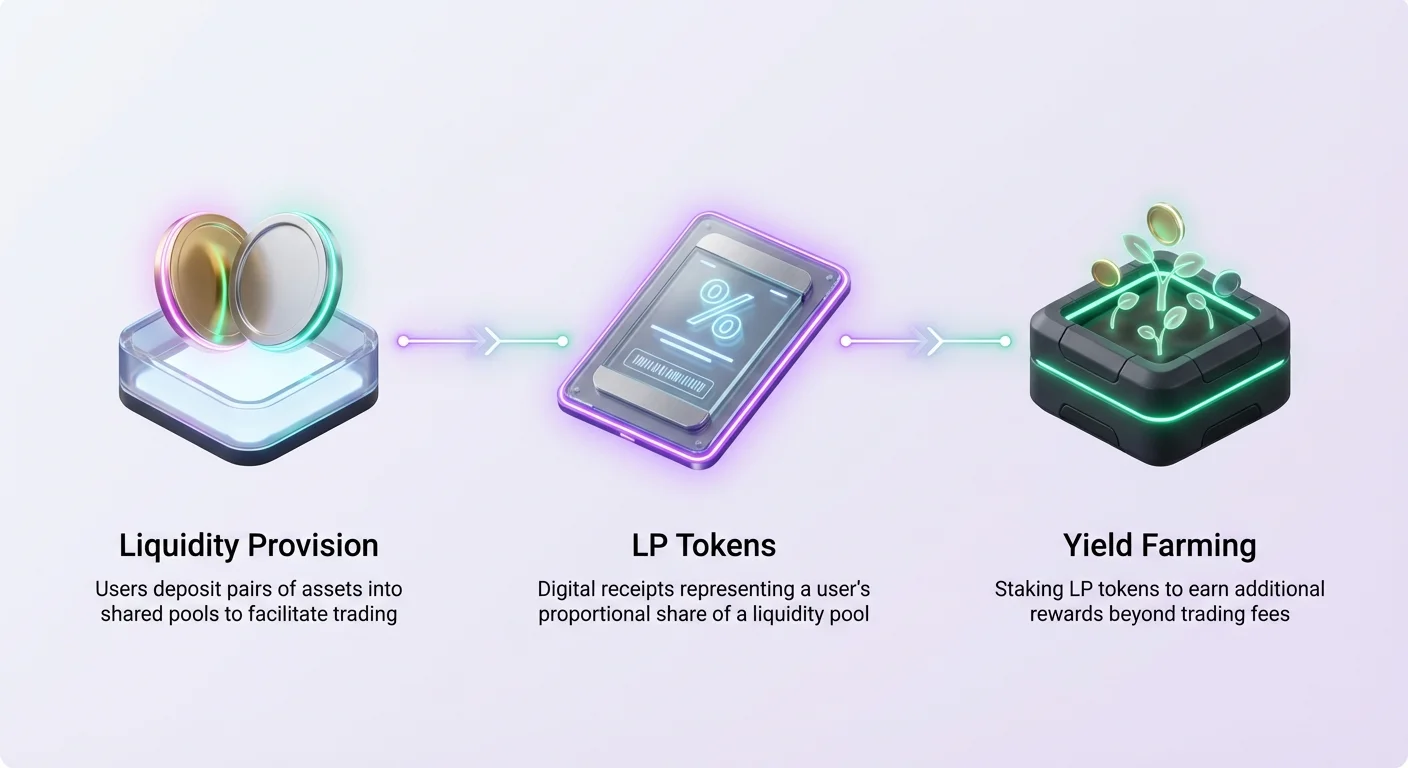 Infographic overview of DeFi yield: users deposit asset pairs into liquidity pools, receive LP tokens as shares, and stake them for yield farming rewards beyond trading fees.