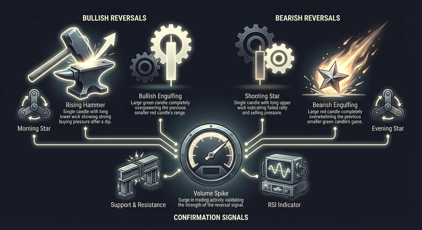 Detailed infographic comparing bullish and bearish reversal candlestick patterns in cryptocurrency trading, highlighting necessary confirmation signals.