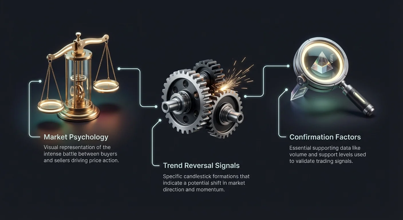High-level infographic summary of core candlestick momentum continuation patterns and concepts in cryptocurrency trading.
