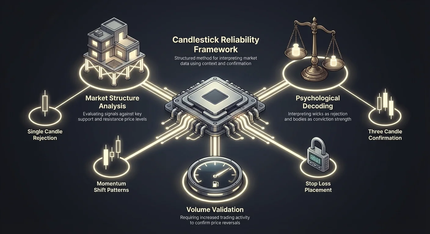 Hub-and-spoke infographic of Candlestick Reliability Framework, with central node linking to market structure analysis, psychological decoding of wicks and bodies, volume validation, and pattern nodes like single candle rejection and three-candle confirmation.