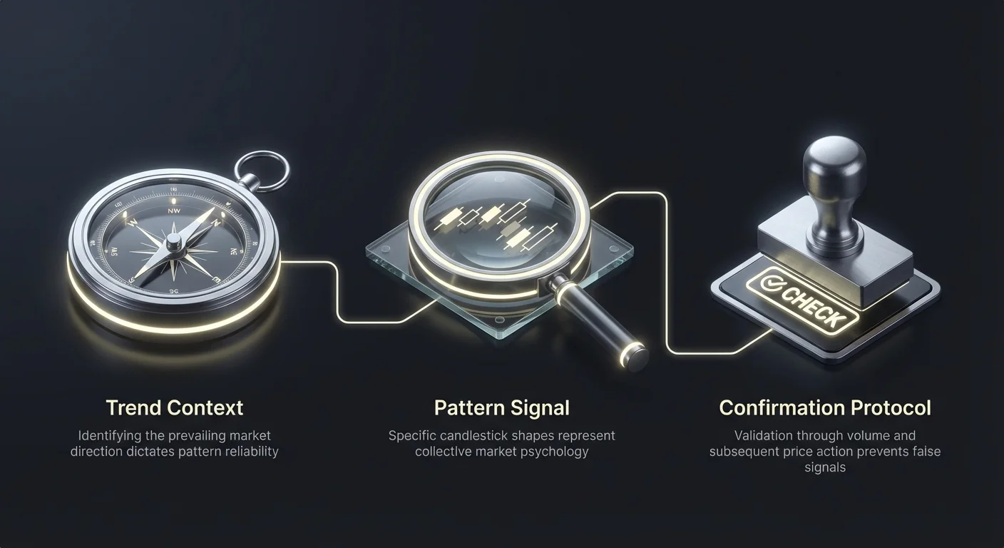 Infographic overview of candlestick reliability framework showing three pillars: trend context, pattern signal, and confirmation protocol in left-to-right flow with icons.