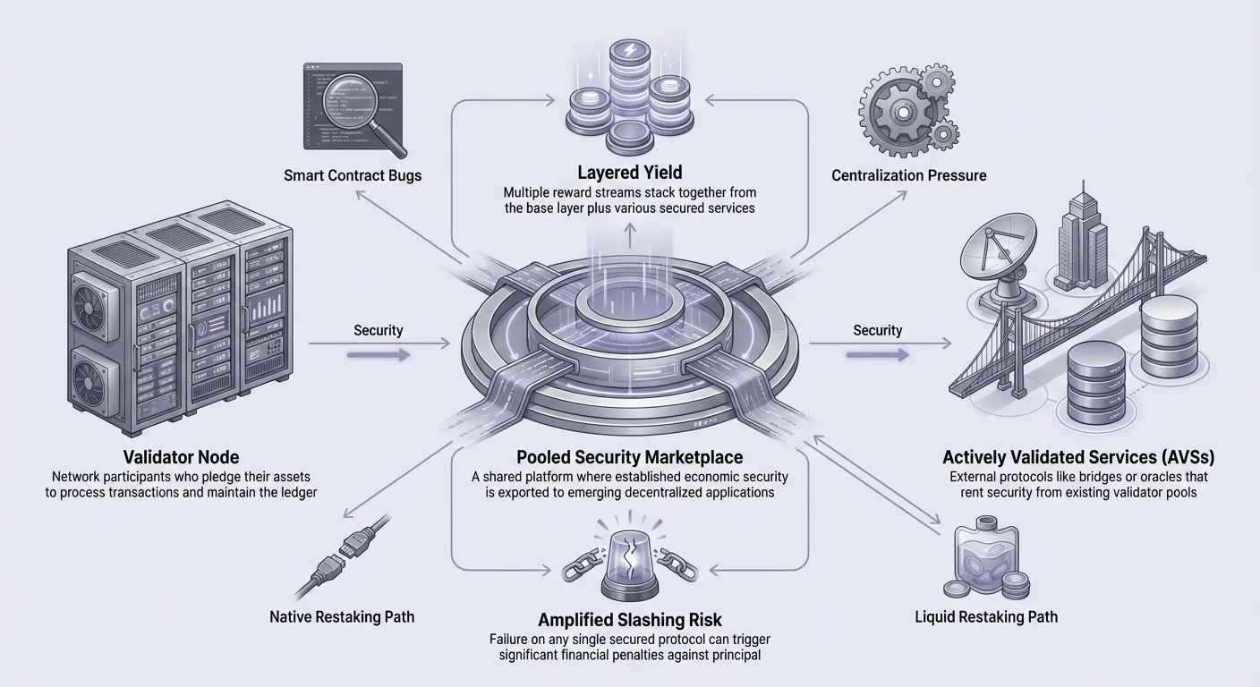 Detailed infographic illustrating restaking mechanics: pooled security marketplace where validators secure AVSs, generating layered rewards but amplifying slashing risks.