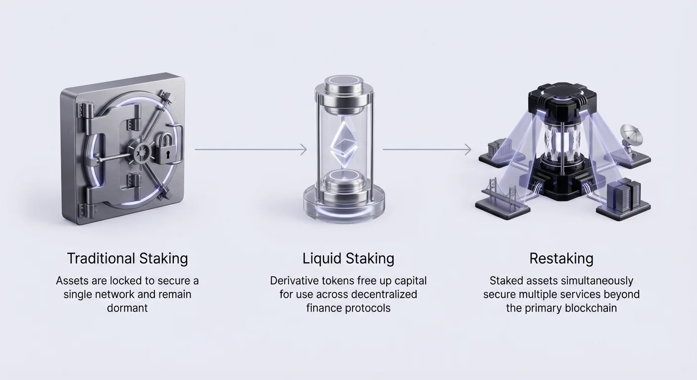 High-level infographic illustrating progression from traditional staking with locked assets securing one network, to liquid tokens freeing capital, to restaking securing multiple services simultaneously.