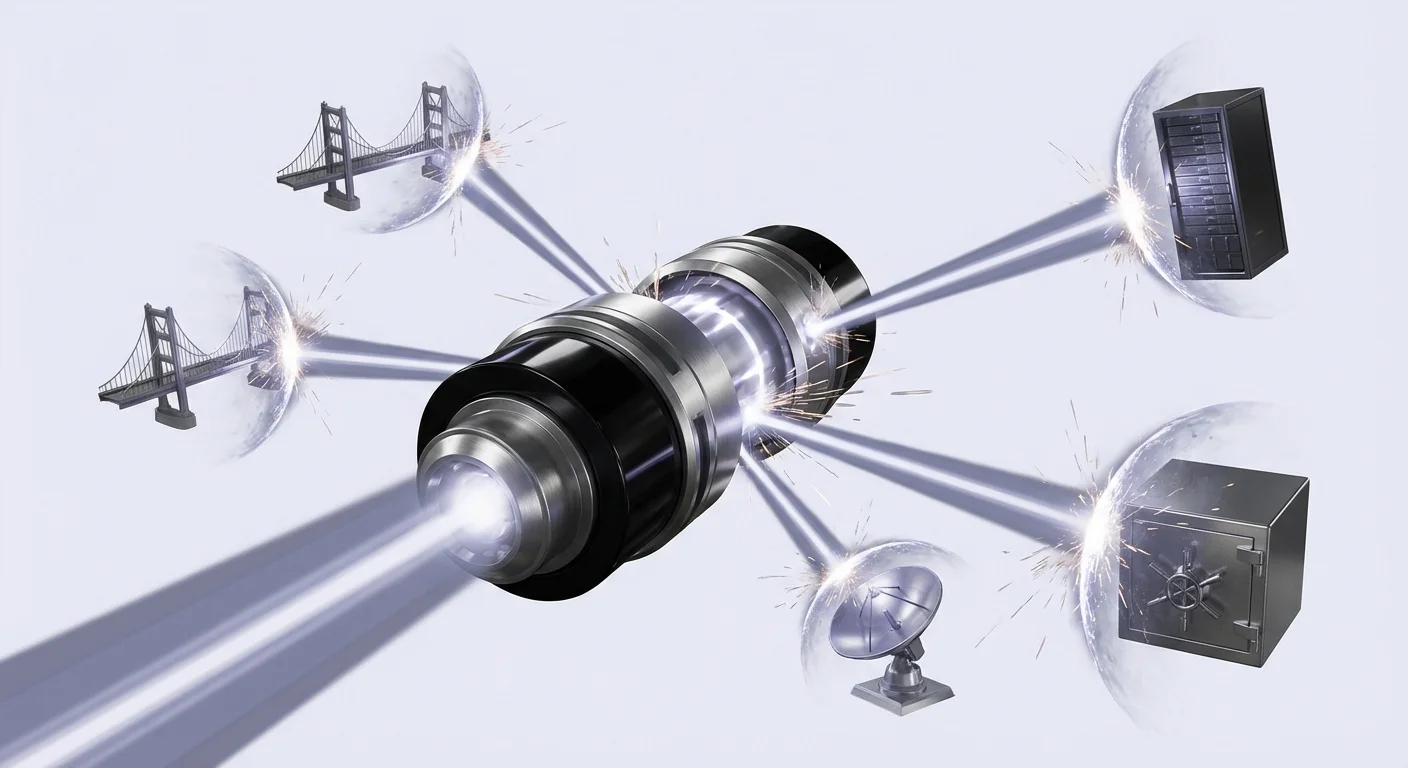 Thumbnail of central energy source representing restaked capital extending protective shields around various decentralized infrastructure elements, illustrating securing multiple targets.