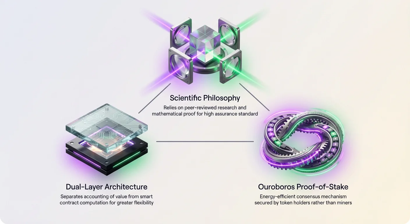 Infographic overview of Cardano's three core pillars: scientific philosophy with peer-reviewed research, dual-layer architecture separating value from computation, and energy-efficient Ouroboros Proof-of-Stake.