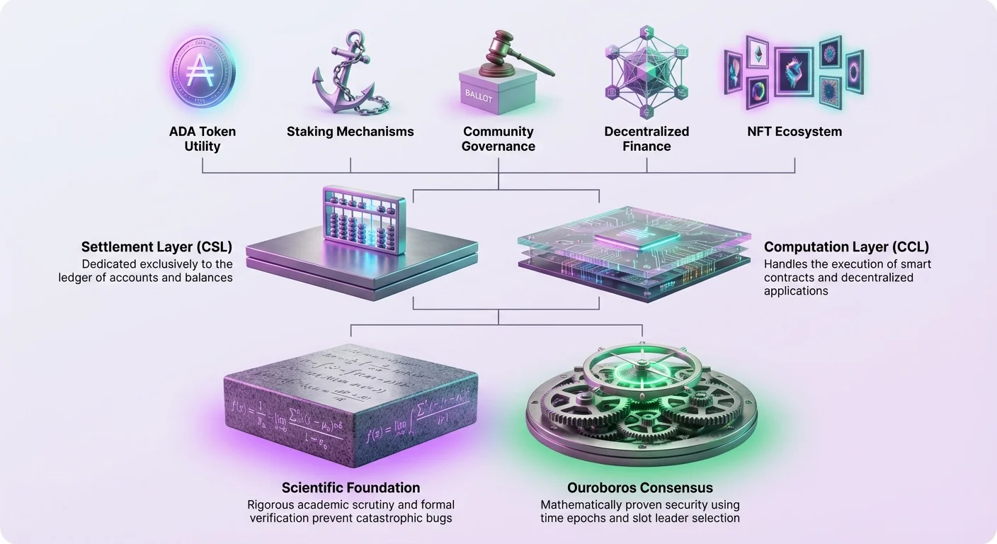 Layered infographic of Cardano ecosystem stack: scientific foundation and Ouroboros consensus base, settlement and computation layers, topped with ADA utility, staking, governance, DeFi, and NFTs.