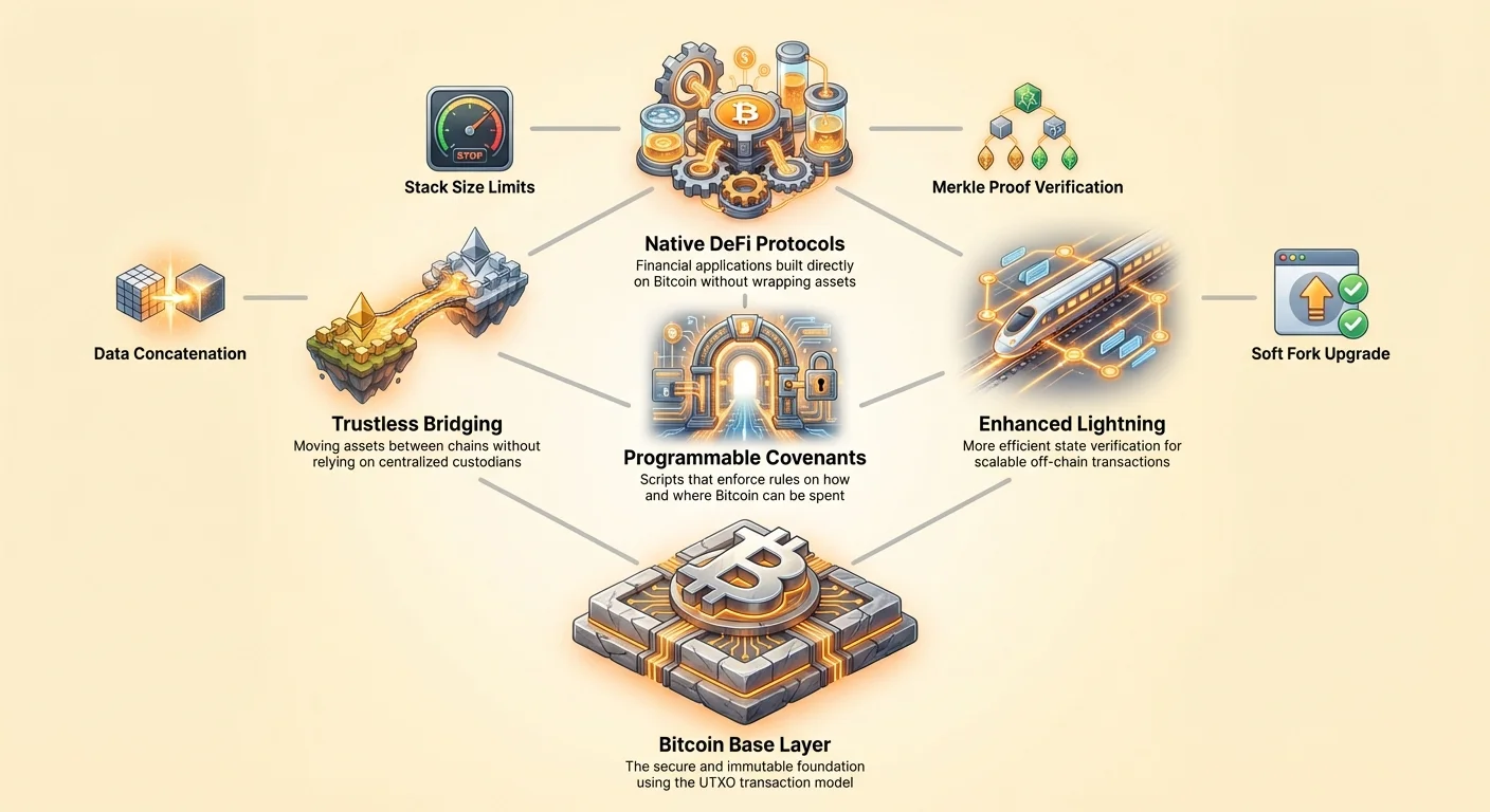 Infographic depicting Bitcoin base layer and programmable covenants as core foundations, with trustless bridging, native DeFi protocols, enhanced Lightning, and features like data concatenation and stack limits.