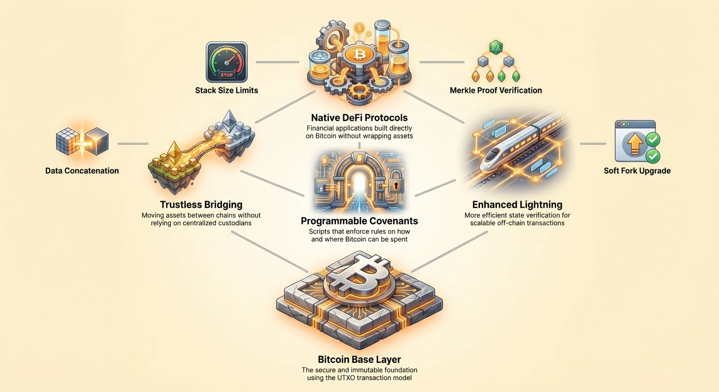 Infographic depicting Bitcoin base layer and programmable covenants as core foundations, with trustless bridging, native DeFi protocols, enhanced Lightning, and features like data concatenation and stack limits.