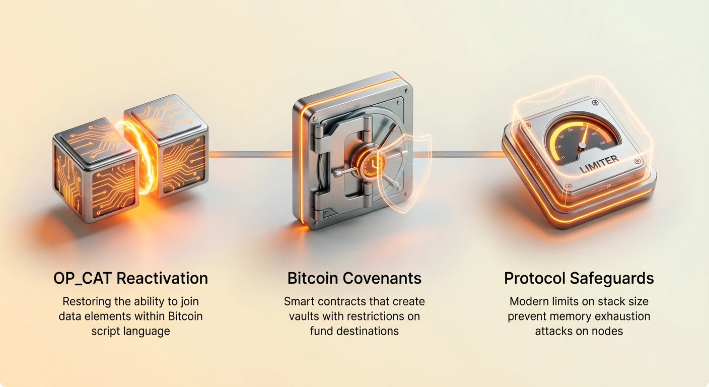 Infographic overview of OP_CAT reactivation restoring data joining in Bitcoin scripts, covenants enabling restricted fund vaults, and safeguards limiting stack size to prevent node attacks.